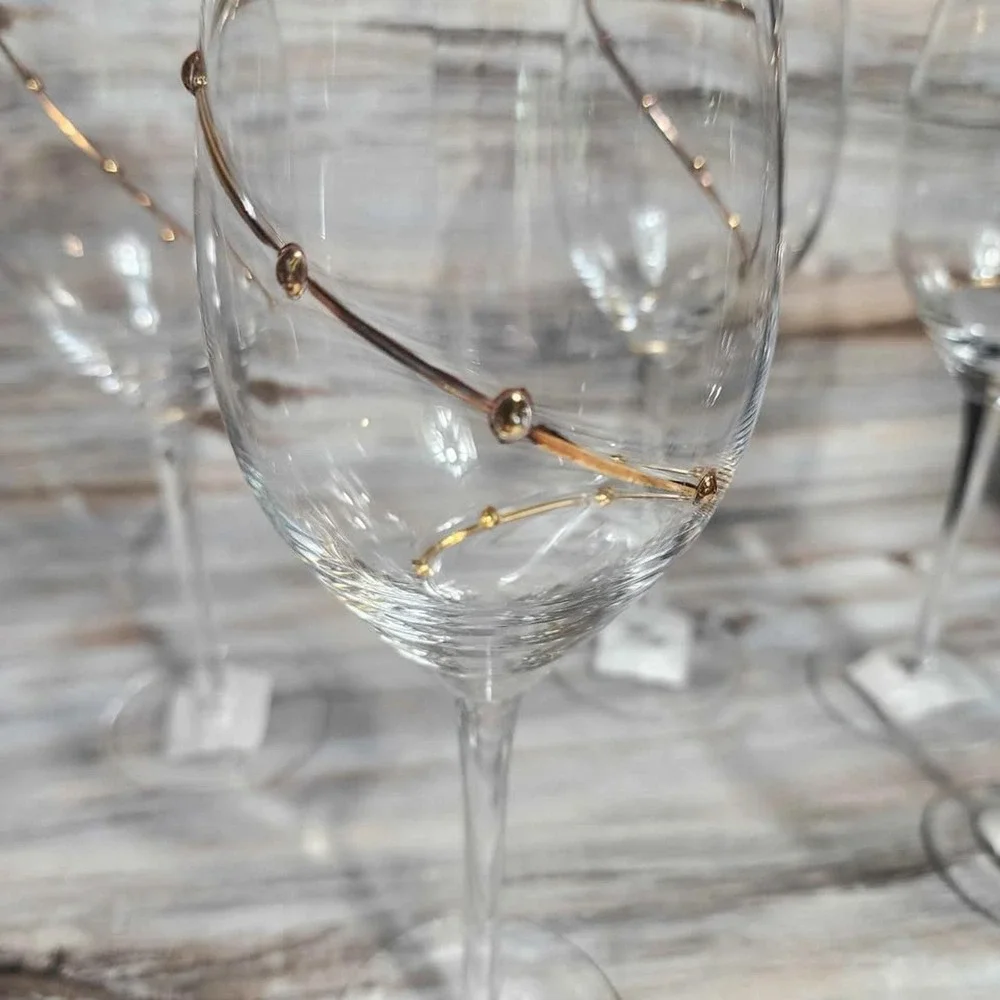 Pier 1 Gold Dot‎ Swirl Wine Goblets and Serving Bowl Set 7pc Mouth Blown Glass